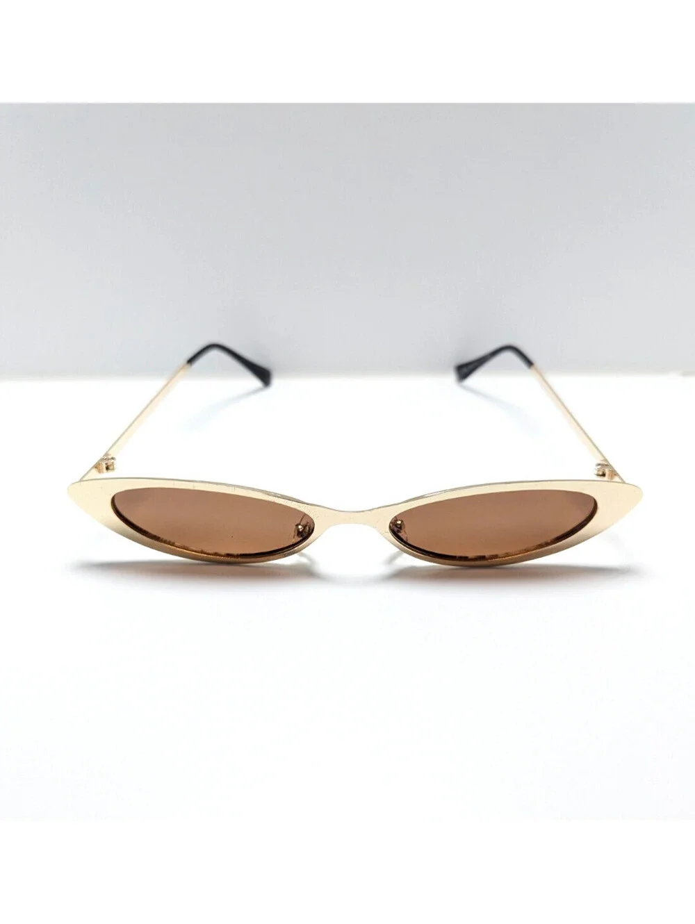 AB364 Retro Y2K Brown Lens Classic Gold Slim Cat Eye Women's Fashion Sunglasses